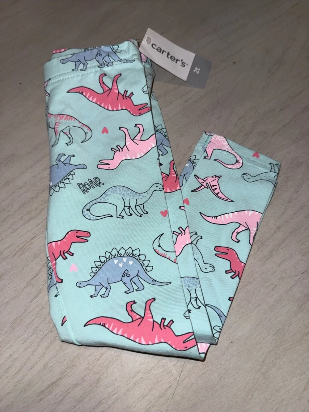Kids-Carter's Mint Green Leggings with Pink and Blue Dinosaur Print